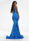 Back - Royal/Turquoise ASHLEYlauren 11113 stretch sequin gown featuring spaghetti straps, an illusion V-neckline, deep V-back, and a horsehair hem for a sleek and glamorous statement look.