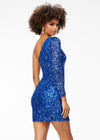 Back - Royal/Turquoise ASHLEYlauren 4457 fully hand-beaded cocktail dress featuring a one shoulder sleeve and a fitted skirt for a sleek and glamorous silhouette.