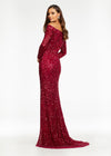 Back - Ruby Red ASHLEYlauren 11176 off shoulder sequin gown featuring long sleeves, a fitted silhouette, an inner corset for added structure, and a sweeping train for a dramatic and glamorous look.