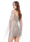 Back - Silver ASHLEYlauren 4601 fully beaded cocktail dress featuring a sweetheart neckline, illusion cut outs at the waist, open back, fitted skirt, and long sleeves with fringe for a dramatic and show-stopping look.