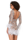 Back - Silver ASHLEYlauren 4616 fully sequin cocktail dress featuring a V-neckline, open back, fitted skirt, and feather details along the skirt and sleeves for a luxurious and dramatic look.