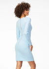 Back - Sky ASHLEYlauren 4336 fitted short dress featuring a classic crew neckline, long sleeves with shoulder pads, and a full exposed zipper back for a sleek and modern look.