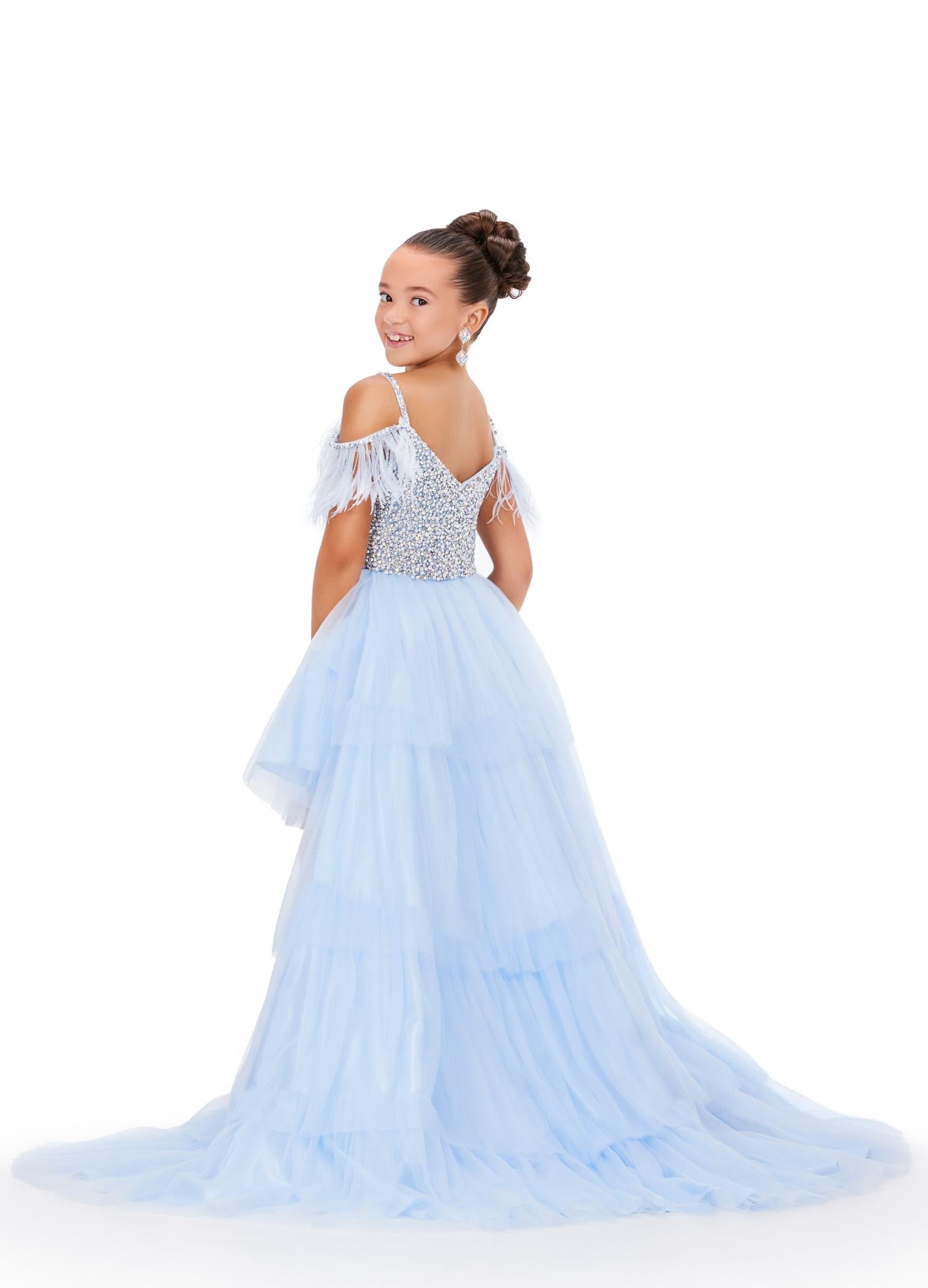 Back - Sky ASHLEYlauren 8259 fun and flirty kids high-low tulle dress featuring a V-neckline, V-back, off shoulder feather straps, and a crystal-encrusted beaded bustier for a dazzling and stylish look.