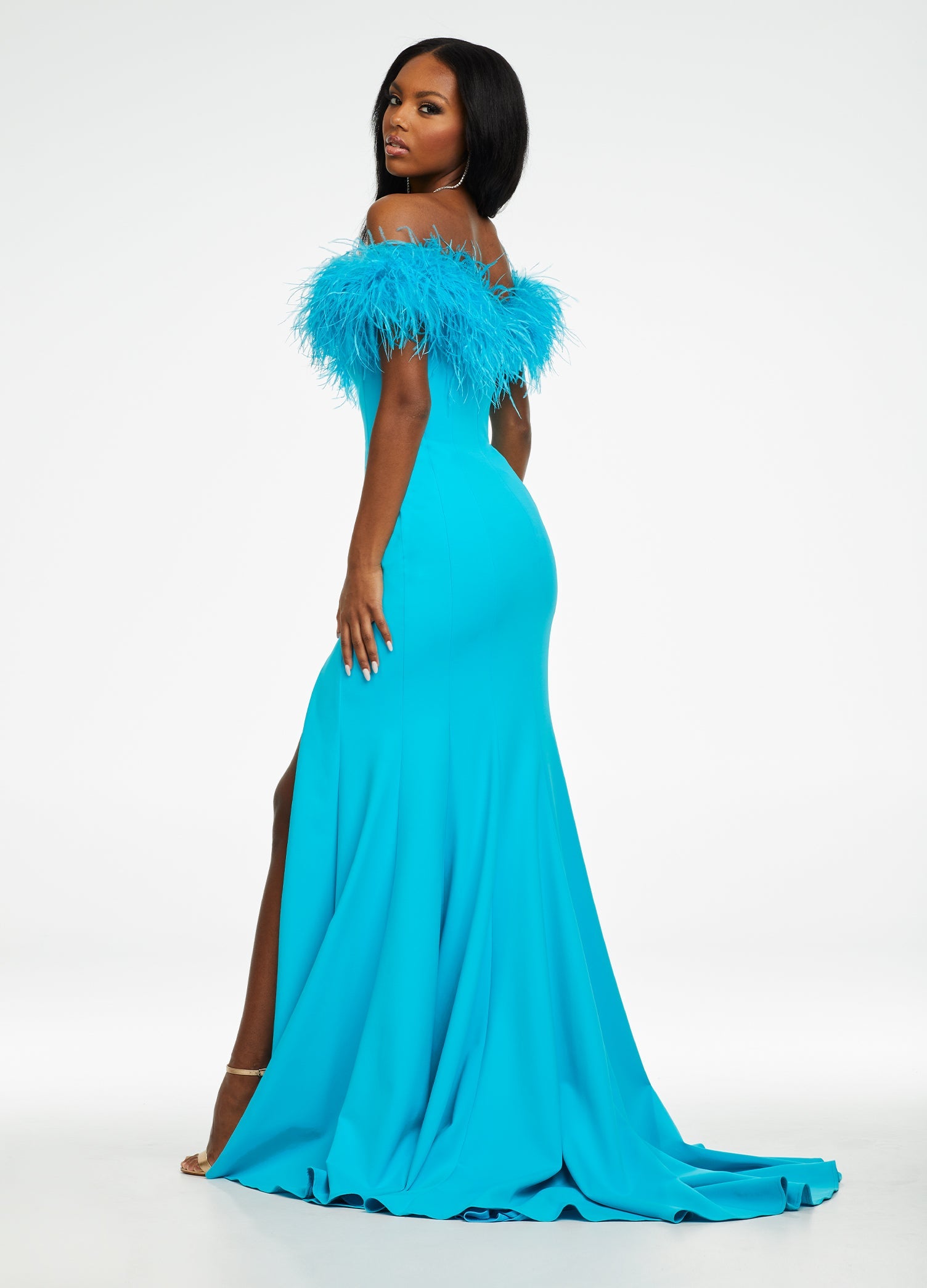 Back - Turquoise ASHLEYlauren 11099 Fully Beaded Gown with One-Shoulder Design, Intricate Beading, and High Slit for a Glamorous Look