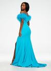 Back - Turquoise ASHLEYlauren 11099 Fully Beaded Gown with One-Shoulder Design, Intricate Beading, and High Slit for a Glamorous Look