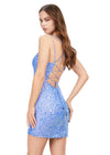 Back - Turquoise ASHLEYlauren 4625 fully beaded sequin cocktail dress featuring a sweetheart neckline, double spaghetti straps, fitted silhouette, and lace-up back for a glamorous and elegant look.