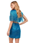 Back - Turquoise ASHLEYlauren 4629 fully beaded cocktail dress featuring a crew neckline, fringe bustier, illusion cut-out with exposed corset boning, and a wrap liquid beaded skirt for a bold and glamorous look.