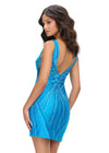 Back - Turquoise ASHLEYlauren 4723 V-Neck Cocktail Dress with Press-On Stones and Fitted Skirt