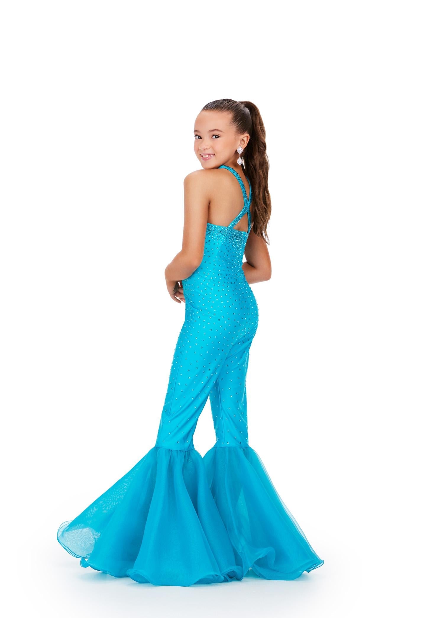 Back - Turquoise ASHLEYlauren 8265 super sassy kids jersey jumpsuit featuring a halter neckline, heat-set stone embellishments, and flared organza bell-bottom pant legs for a bold and stylish look.