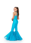 Back - Turquoise ASHLEYlauren 8265 super sassy kids jersey jumpsuit featuring a halter neckline, heat-set stone embellishments, and flared organza bell-bottom pant legs for a bold and stylish look.