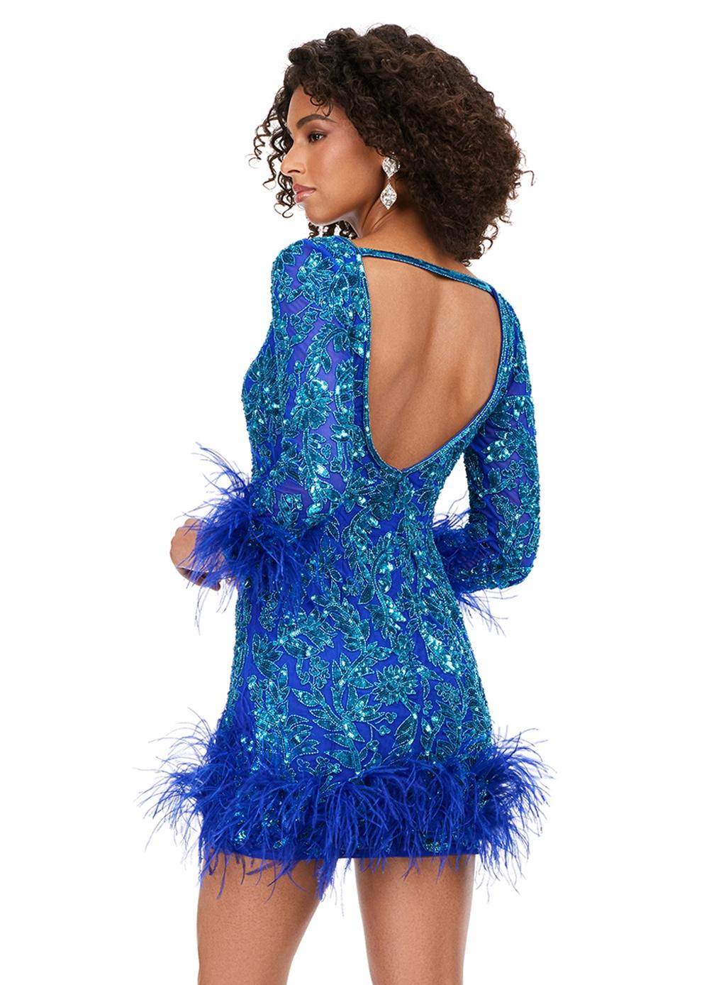 Back - Turquoise/Royal ASHLEYlauren 4616 fully sequin cocktail dress featuring a V-neckline, open back, fitted skirt, and feather details along the skirt and sleeves for a luxurious and dramatic look.