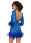 Back - Turquoise/Royal ASHLEYlauren 4616 fully sequin cocktail dress featuring a V-neckline, open back, fitted skirt, and feather details along the skirt and sleeves for a luxurious and dramatic look.