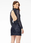 Back - Twilight ASHLEYlauren 4252 fully beaded cocktail dress featuring long sleeves, a modern high neckline, fitted silhouette, and a sexy open back for a striking evening look.