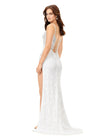 Back - White ASHLEYlauren 11360 floral beaded gown featuring a corset bustier with plunging V-neckline, lace-up back, and a fitted skirt with a high left leg slit.