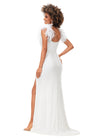 Back - White ASHLEYlauren 11367 beaded gown featuring a sweetheart neckline, detachable feather straps, wrap skirt, and left leg slit for an elegant and versatile look.