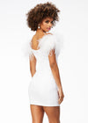 Back - White ASHLEYlauren 4523 off shoulder scuba cocktail dress featuring a sweetheart neckline, feather details, and signature contour seaming for a flattering and elegant silhouette.
