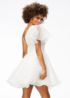 Back - White ASHLEYlauren 4524 organza cocktail dress featuring a one shoulder neckline with a flutter sleeve, an A-line skirt with a wire hem for added structure, and a playful, sassy vibe.