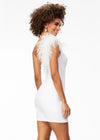 Back - White ASHLEYlauren 4527 fitted scuba gown featuring a one shoulder feather detail strap, scattered heat set stones throughout the bodice, and a sleek fitted skirt for a glamorous and elegant look.
