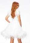 Back - White ASHLEYlauren 4544 organza A-line cocktail dress featuring a ruched V-neckline bustier, feather-detailed straps, a ruched waistline, and an A-line skirt trimmed in feathers for an elegant and whimsical finish.