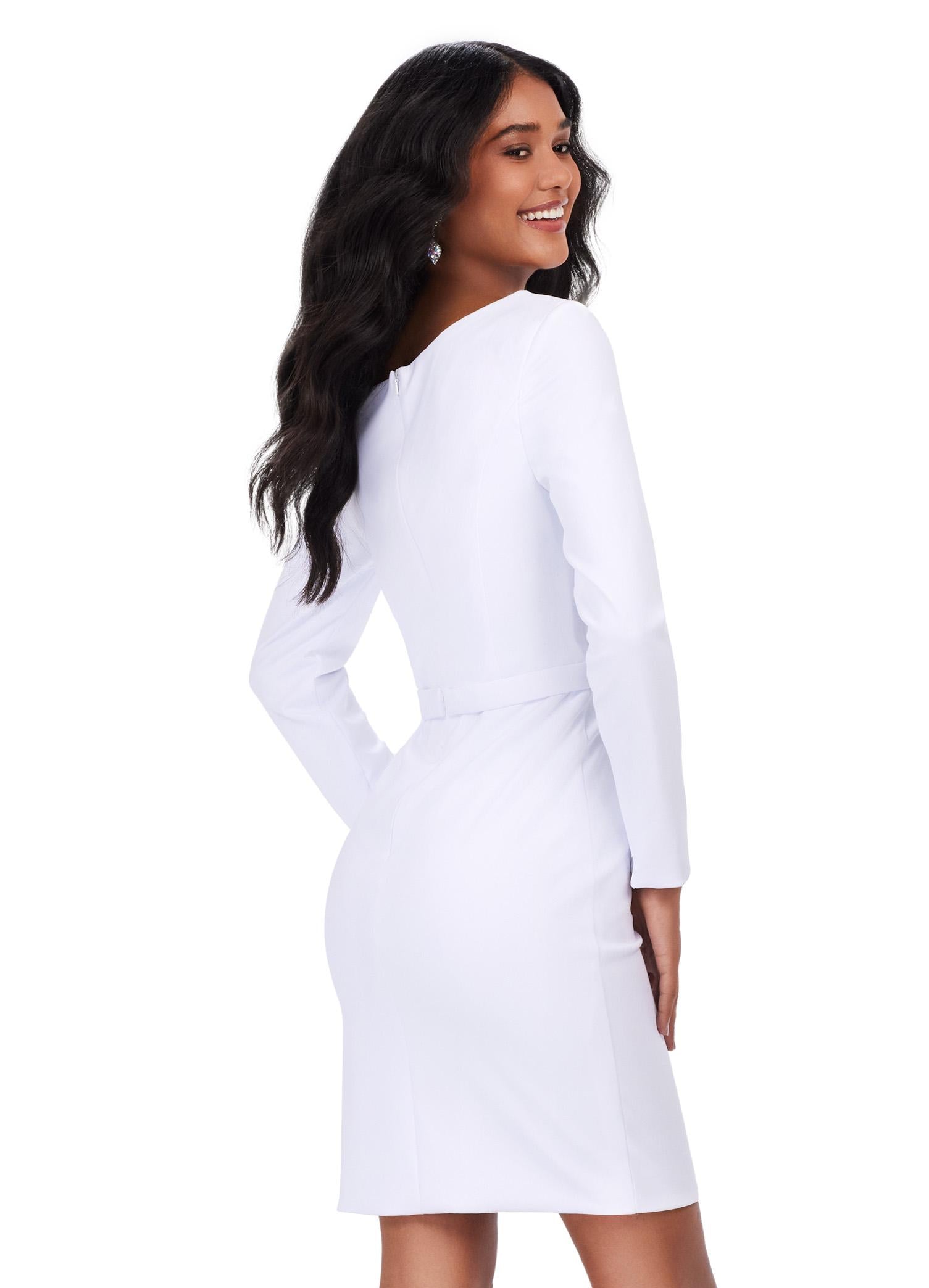 Back - White ASHLEYlauren 4674 fitted scuba cocktail dress featuring an asymmetrical neckline, long sleeves, and a classic waistband detail for a sleek and sophisticated look.