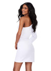 Back - White ASHLEYlauren 4678 scuba cocktail dress featuring a one sleeve design, ruched bustier, fitted silhouette, and a matching scuba belt for a chic and sophisticated look.