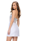 Back - White ASHLEYlauren 4686 strapless cocktail dress featuring a corset bustier embellished with press-on stones, a sleek jersey skirt, and a left leg slit for a classic and glamorous look.