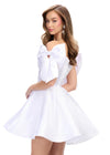 Back - White ASHLEYlauren 4788 satin cocktail dress featuring a sweetheart neckline, off shoulder bow details, corset bustier, and a full A-line skirt for a dainty, elegant, and timeless look.