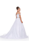 Back - White ASHLEYlauren 8242 kids gown featuring an off-shoulder design, crystal beaded straps, neckline trim, and belt, adorned with lace applique, press-on stones, and feather accents for a glamorous and elegant look.