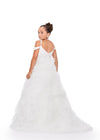 Back - White ASHLEYlauren 8246 elegant kids ball gown featuring a scoop neckline, draping off-shoulder straps, lace applique bodice adorned with scattered heat-set stones, and a dramatic A-line tulle ruffle skirt for a sophisticated and show-stopping look.
