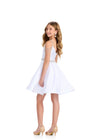 Back - White ASHLEYlauren 8277 satin kids cocktail dress featuring a high neckline, spaghetti straps, off shoulder beaded straps, a beaded belt, and a V-back for a fabulous and stylish look.