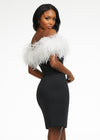 Back - White/Black ASHLEYlauren 4490 fitted off shoulder scuba cocktail dress featuring a feather-accented neckline for a chic and elegant look.