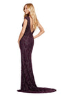 Back - Wine ASHLEYlauren 11497 fully beaded gown featuring cap sleeves, a V-neckline, deep V-back, and a center slit for an elegant and sophisticated finish.