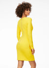 Back - Yellow ASHLEYlauren 4336 fitted short dress featuring a classic crew neckline, long sleeves with shoulder pads, and a full exposed zipper back for a sleek and modern look.