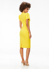 Back - Yellow ASHLEYlauren 4534 scuba cocktail dress featuring a modified square neckline, dramatic puff sleeves, fitted tea-length skirt, and full zipper back for a sophisticated and stylish look.