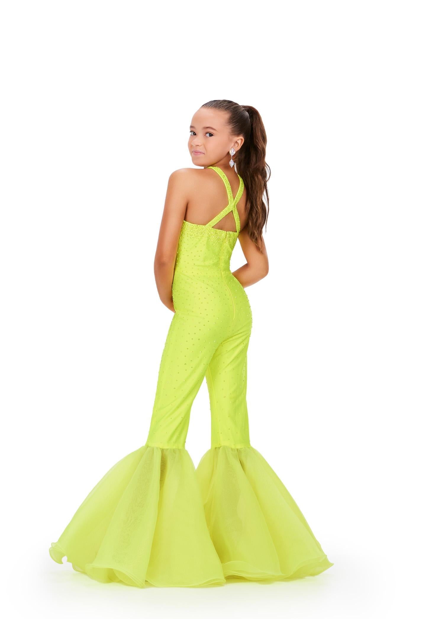 Back - Yellow ASHLEYlauren 8265 super sassy kids jersey jumpsuit featuring a halter neckline, heat-set stone embellishments, and flared organza bell-bottom pant legs for a bold and stylish look.
