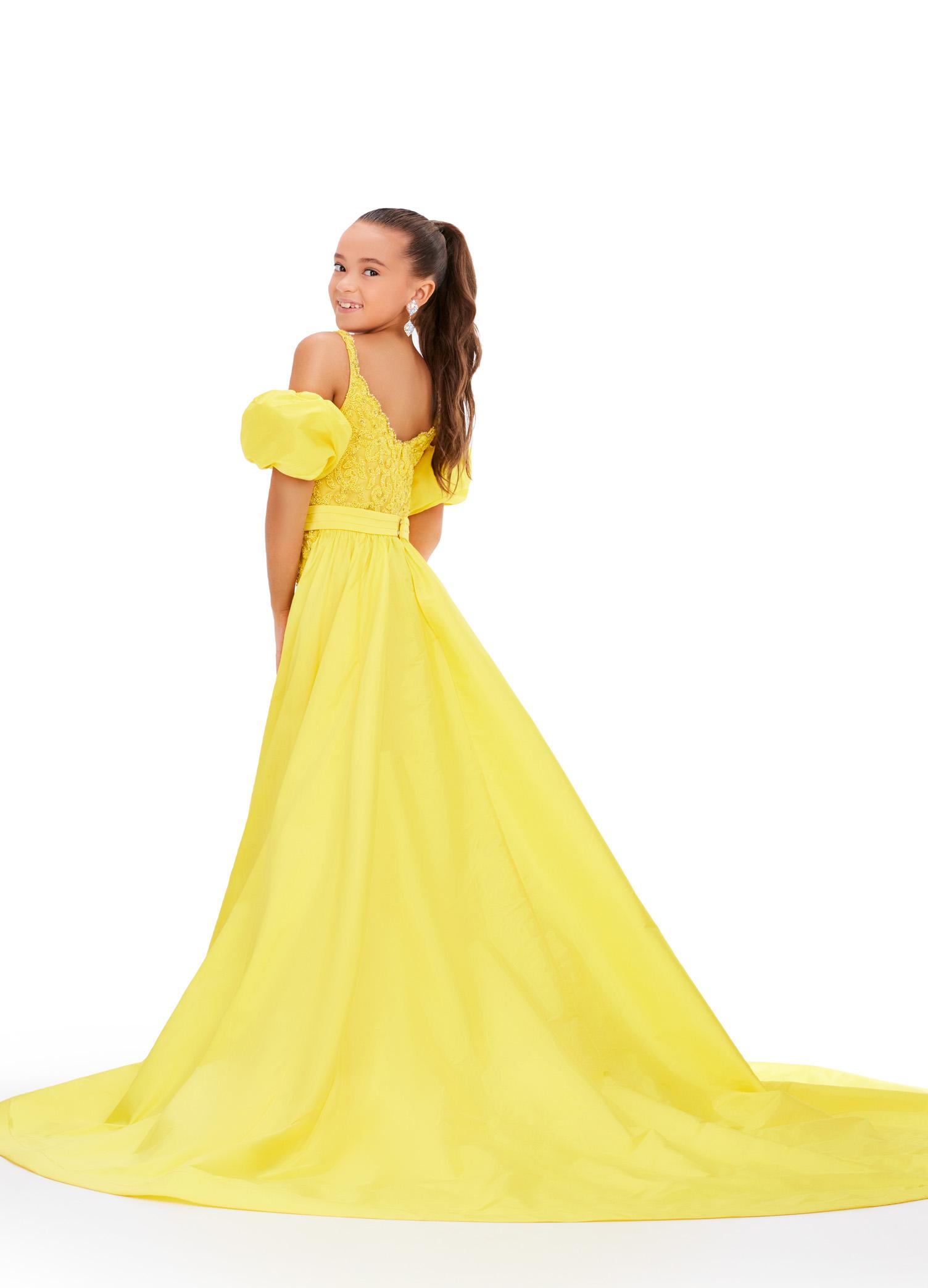 Back - Yellow ASHLEYlauren 8269 fully beaded kids jumpsuit featuring a square neckline, dramatic removable taffeta puff sleeves, and a detachable taffeta overskirt for a bold and versatile statement look.