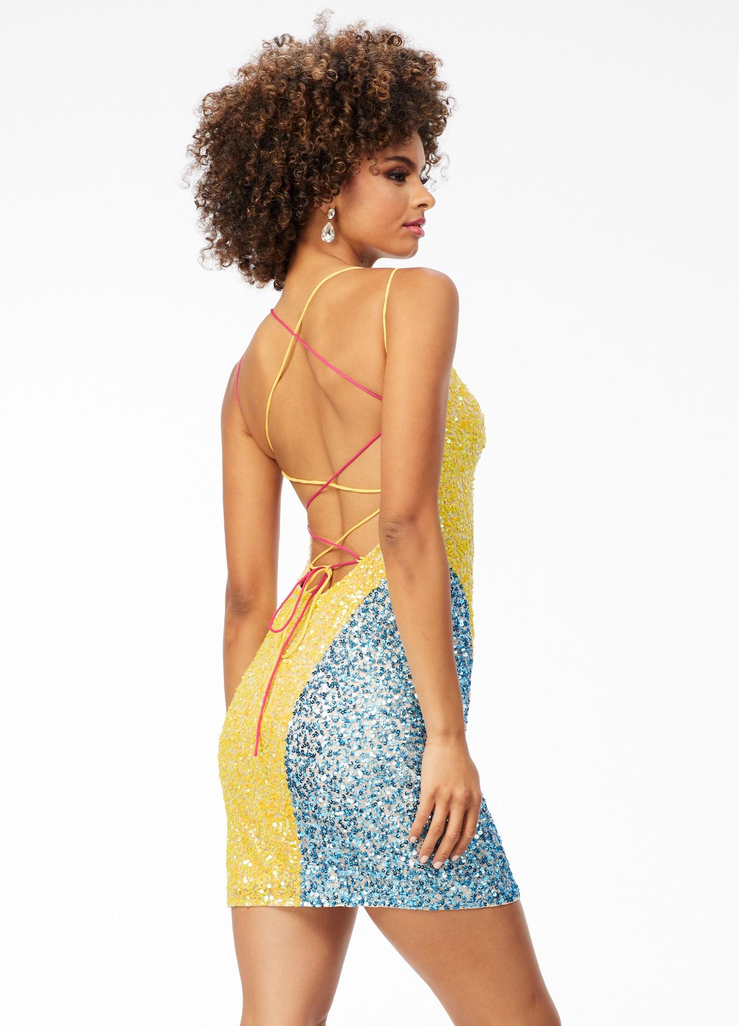 Back - Yellow/Multi ASHLEYlauren 4502 fully sequin color block gown featuring delicate spaghetti straps, a multi-colored lace-up back, and a left leg slit for a bold and stylish finish.