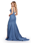 Back. ASHLEYlauren 11515 Denim V-Neckline Gown with Sweetheart Neckline, Beaded Bodice, Crystal Accents, and Left Leg Slit