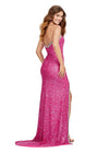 Back ASHLEYlauren 11521 Hot Pink Fully Beaded Strapless Gown with Illusion V-Neckline, Deep V Front, and Left Leg Slit