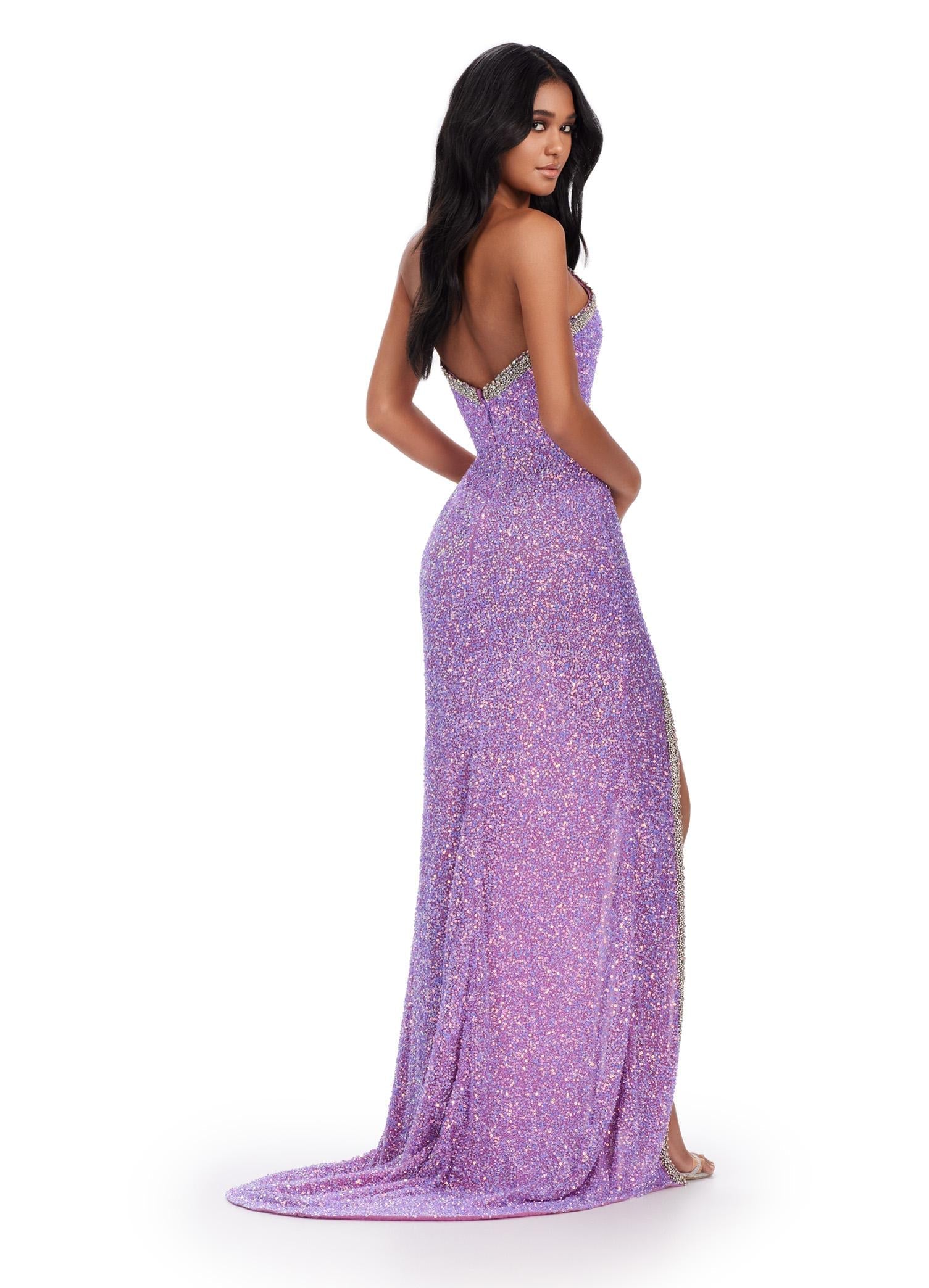 Back ASHLEYlauren 11521 Orchid Fully Beaded Strapless Gown with Illusion V-Neckline, Deep V Front, and Left Leg Slit