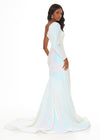 Back - Ab/Ivory ASHLEYlauren 11026 fully sequin gown featuring a one shoulder neckline with a single long sleeve, high left leg slit, full train, and an exposed zipper for a bold and glamorous look.