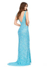 Back - Aqua ASHLEYlauren 11081 Hand Beaded Gown with Deep V-Neckline, V-Back, and Illusion Cut Outs