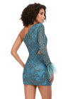 Back - Aqua ASHLEYlauren 4565 fully beaded cocktail dress featuring a one sleeve design, modern waist cut-out, and feather accents at the wrist for a bold and glamorous look.