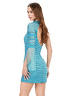 Back - Aqua ASHLEYlauren 4585 fully beaded cocktail dress featuring an asymmetrical neckline, one sleeve with long fringe, and an open back for a bold and glamorous look.