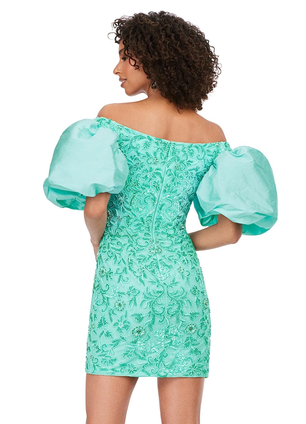 Back - Aqua ASHLEYlauren 4609 off shoulder gown featuring taffeta puff sleeves, intricate beading throughout, and a fitted skirt for an elegant and timeless look.