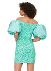 Back - Aqua ASHLEYlauren 4609 off shoulder gown featuring taffeta puff sleeves, intricate beading throughout, and a fitted skirt for an elegant and timeless look.