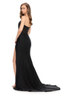Back. Black ASHLEYlauren 11690 Glamorous Strapless Gown with Exposed Corset Boning Encrusted in Press On Stones, Ruched Skirt, and Left Leg Slit