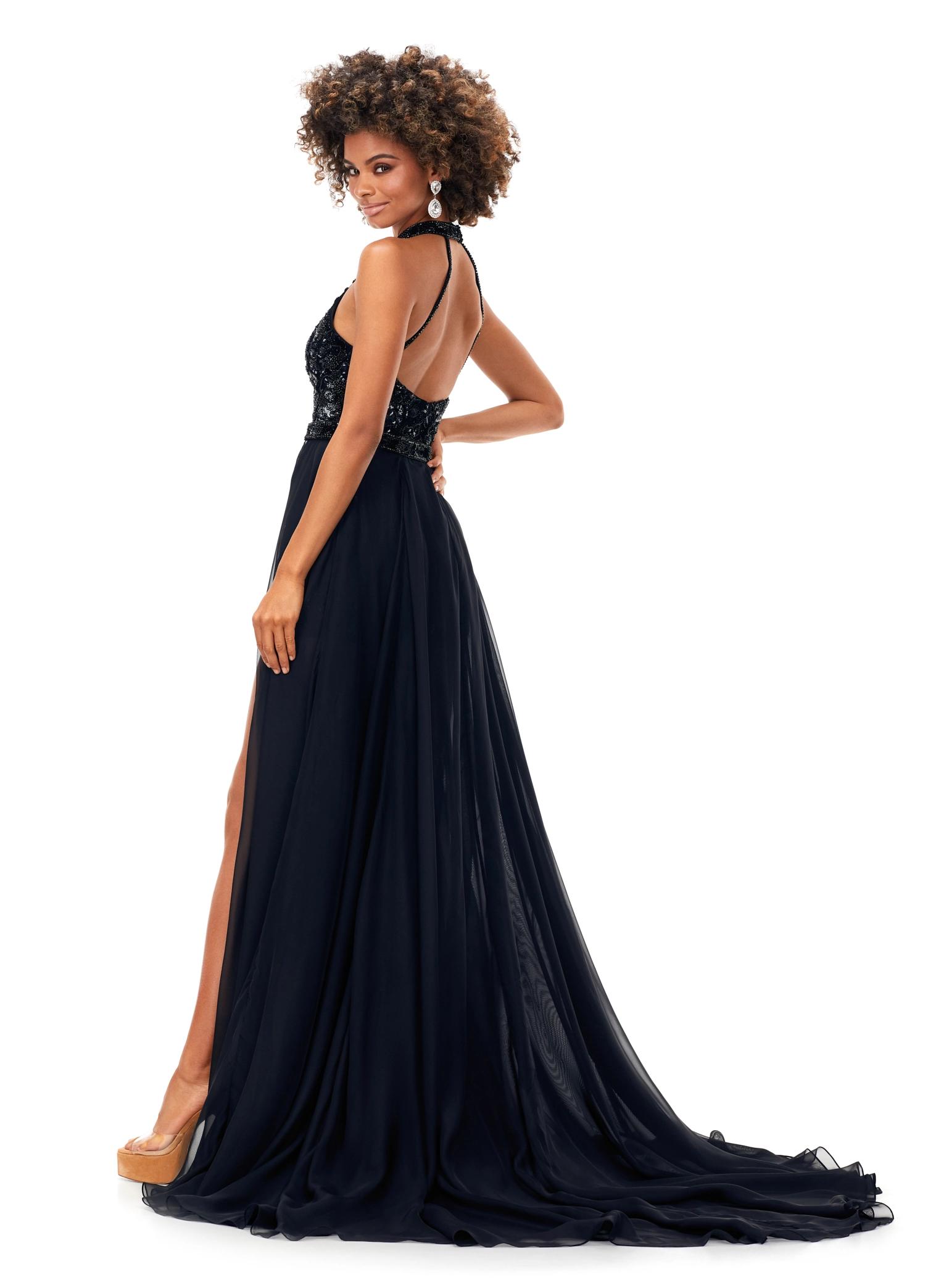 Back - Black ASHLEYlauren 13354 hand-beaded romper featuring an intricate floral motif, halter neckline, beaded belt, and a detachable chiffon overskirt for a glamorous and versatile look.