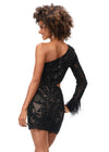 Back - Black ASHLEYlauren 4565 fully beaded cocktail dress featuring a one sleeve design, modern waist cut-out, and feather accents at the wrist for a bold and glamorous look.