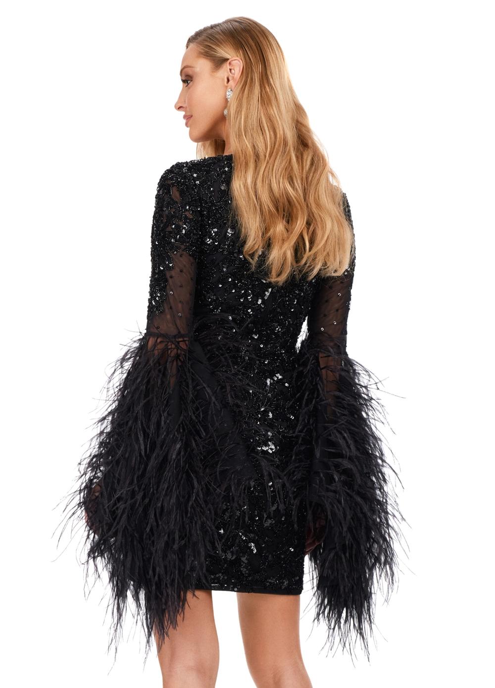Back - Black ASHLEYlauren 4603 fully beaded cocktail dress featuring a V-neckline, feather-adorned flare sleeves, full back, and fitted skirt for a bold and glamorous statement look.
